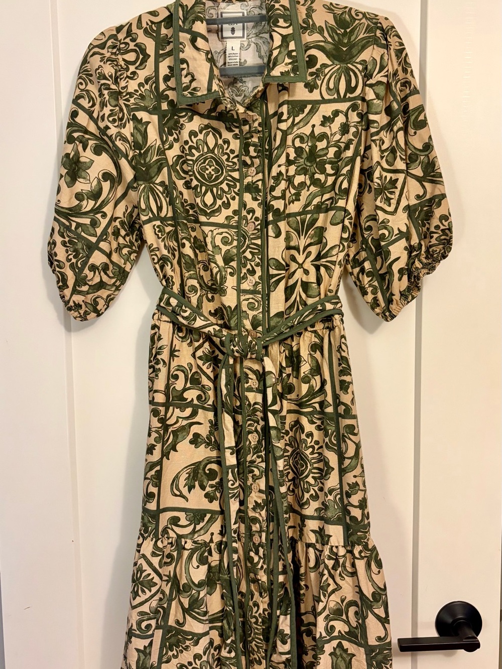 Boho Tile-Print Belted Midi Dress - Green/Cream
